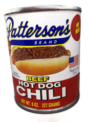 Pattersons Hot Dog Chili en boîte de 8 oz prête à garnir les chiens chauds.