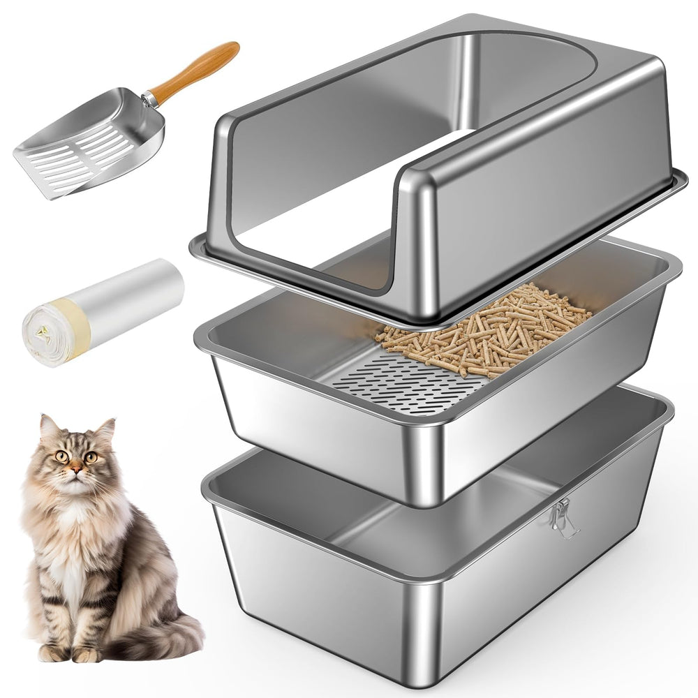 Paulmele boite-litière inox XXL avec couvercle, durable et facile à nettoyer.