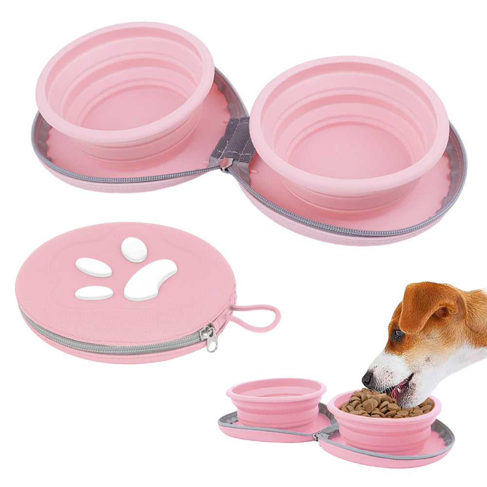 Gamelles PawSailor pliables 2-en-1 rose, pratique pour nourrir et hydrater en déplacement