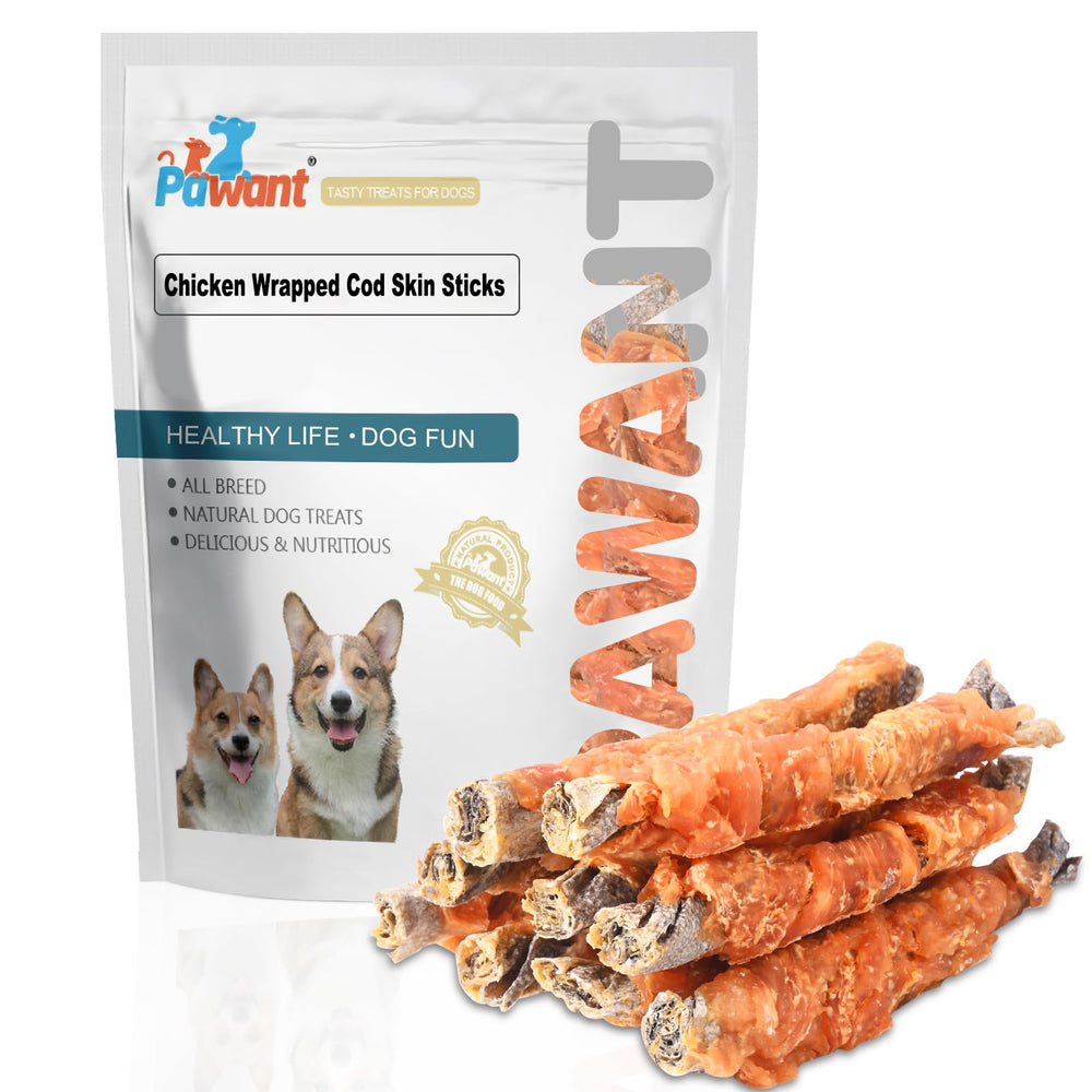 Pawant friandises au poulet et peau de morue, emballage attrayant prêt à afficher.