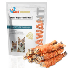 Pawant friandises au poulet et peau de morue, emballage attrayant prêt à afficher.