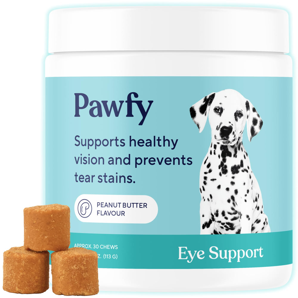 Pawfy Eye Support Soft Chews dans la bouteille, soutien potentiel pour les yeux.