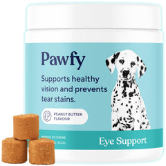 Pawfy Eye Support Soft Chews dans la bouteille, soutien potentiel pour les yeux.