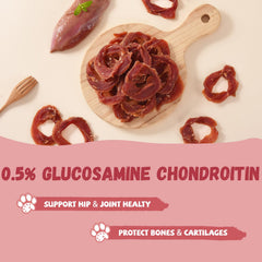 Pawmate Anneaux Canard Jerky soutient la dentition lors du mordillement.