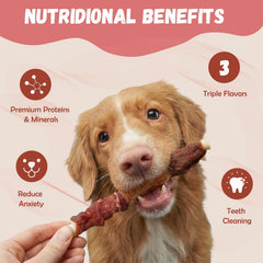 Friandises PawMate triple protéines: poulet, canard et foie pour varier les plaisirs.