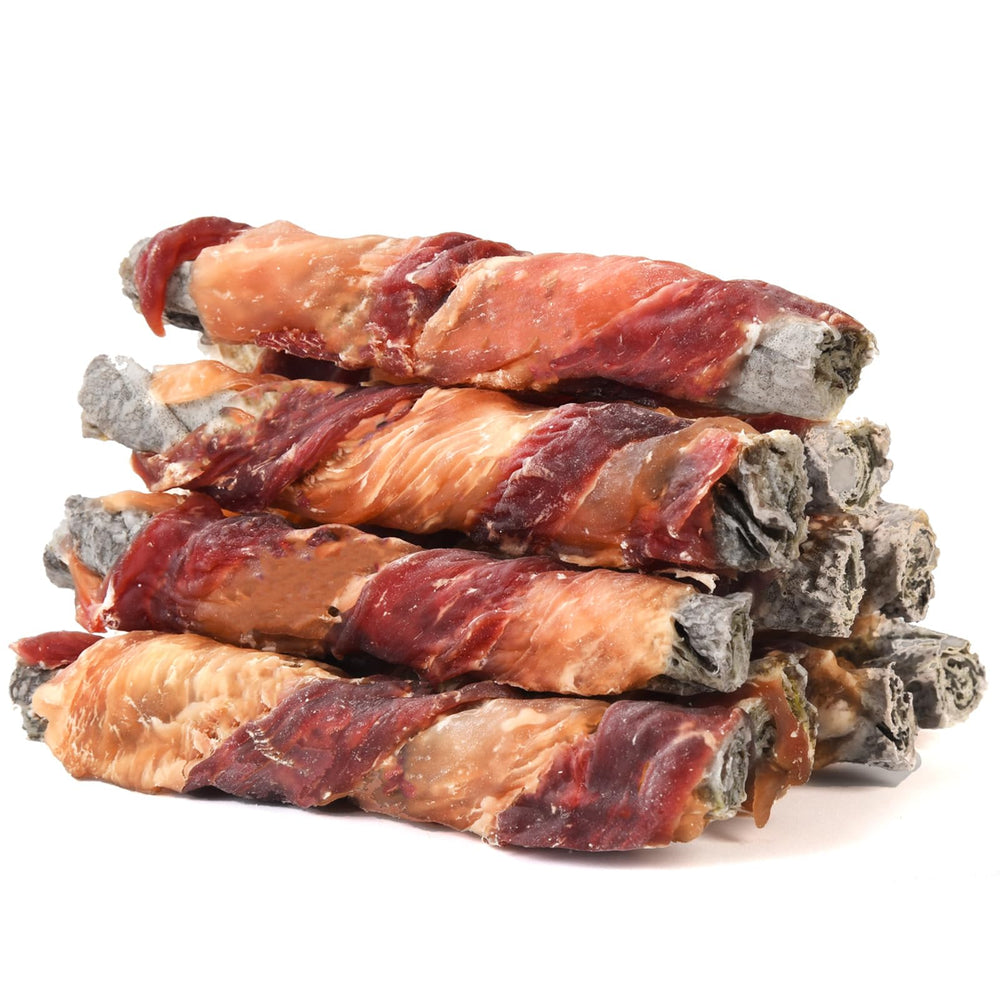 Friandises triple saveur Pawmate cabillaud poulet canard pour la mastication et le plaisir.