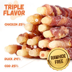 Friandises Pawmate tranches cod morue enveloppée, source protéique variée pour chien.
