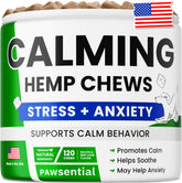 Pawsential – Bouteille de friandises apaisantes pour chien, favorisant la relaxation.