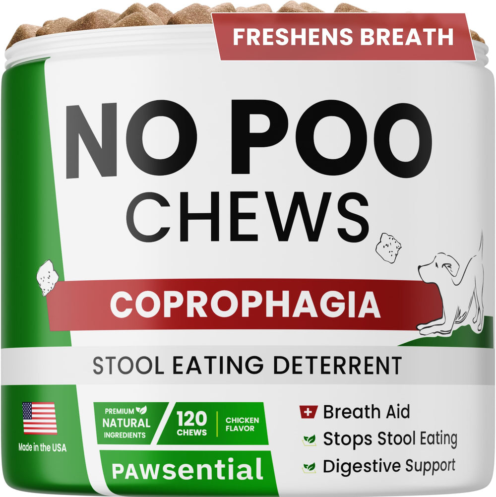 Pawsential No Poo Chews — boîte friandises anti-coprophagie pour chien.