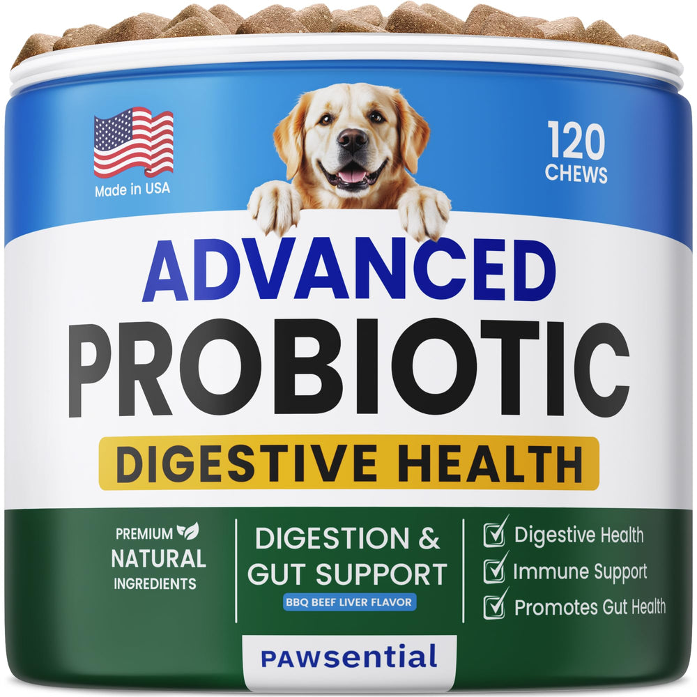 Pawsential Probiotiques Chiens – emballage et bouchées, soutien digestif potentiel.