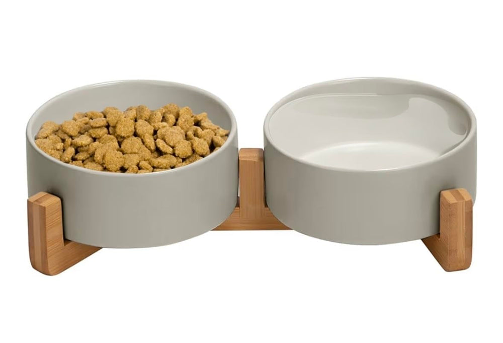 Bol en céramique Pawsome avec socle bois gris, stabilité pour chat et petit chien.