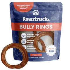 Pawstruck anneau pizzle boeuf 4 pouces en gros plan, favorise le nettoyage dentaire pendant la mastication.