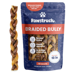 Pawstruck bâtons bully tressés en intérieur, mâchage durable et sûr.
