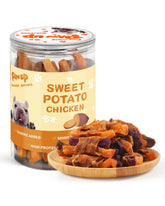 PAWUP emballage montrant croquettes poulet et patates douces, option pratique pour chiens.