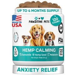 Friandises apaisantes Pawzitive Pets pour chiens en bouteille, potentiel calme lors de déplacements.