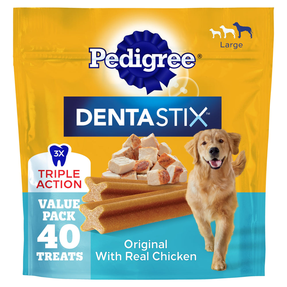 Dentastix Pedigree grand chien dans un emballage pratique pour routine quotidienne.
