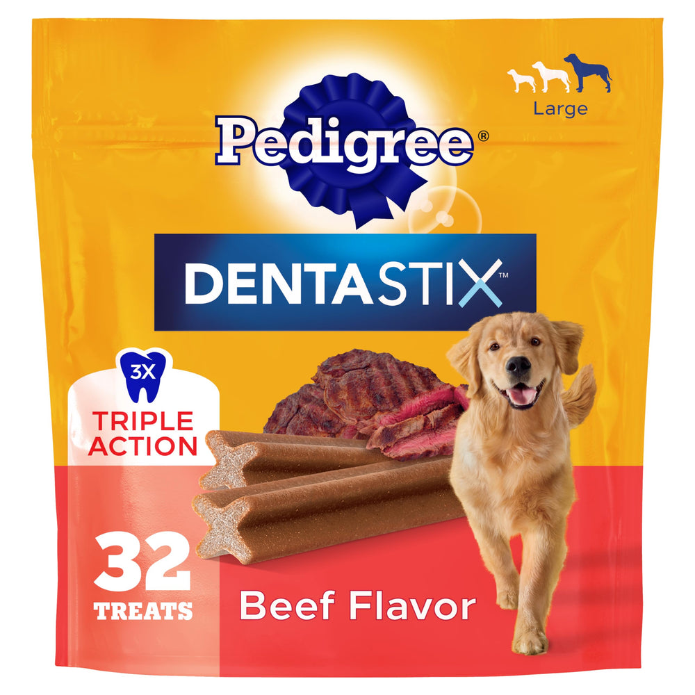 Friandises Dentastix Pedigree pour gros chien au goût boeuf dans un paquet, hygiène dentaire quotidienne.