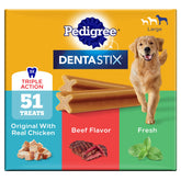 Friandises Pedigree Dentastix pack varié, saveur boeuf frais, soin dentaire pratique.