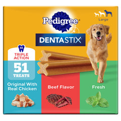 Friandises Pedigree Dentastix pack varié, saveur boeuf frais, soin dentaire pratique.