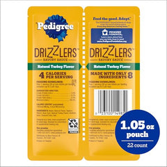 Poche double Pedigree Drizzlers ouverte montrant le flux sur croquettes