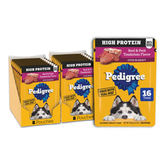 Pedigree Haute Protein, sachet boeuf, repas complet pour chien adulte.