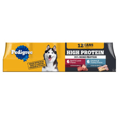 Pedigree Nourriture humide protéinée pour chien adulte dans une boîte pratique.