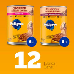 Pedigree Repas humide: morceaux de viande visibles, idéal pour l'appétit des chiens adultes.