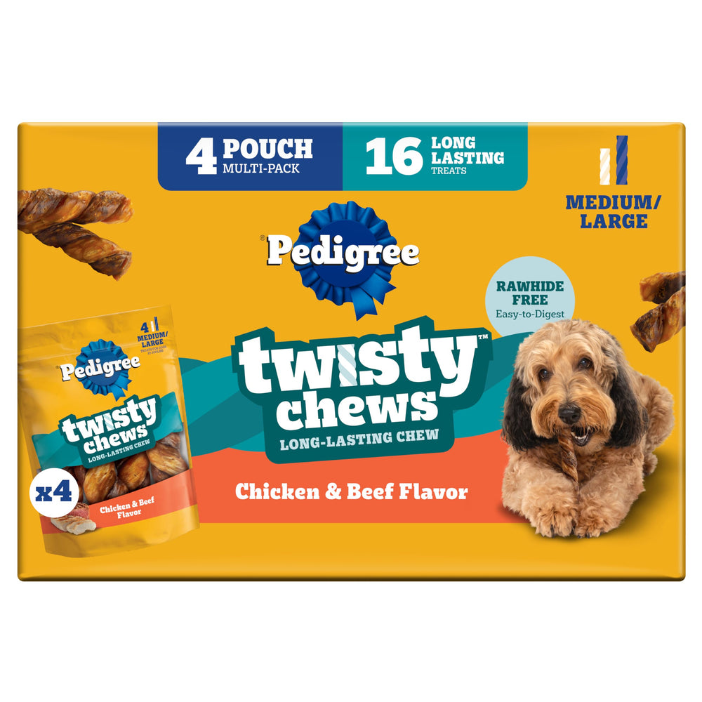 Pedigree Twisty Chews dans une pochette 4-pack, friandises durables pour chiens moyens et grands.