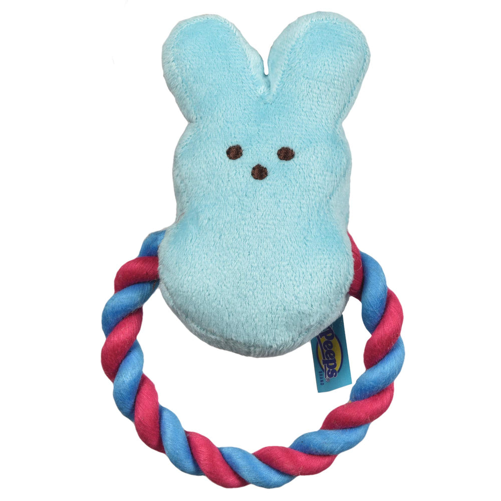 Peeps Lapin Bleu en peluche avec corde, jouet interactif pour chien.