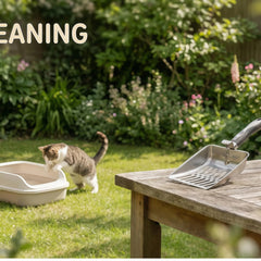 Pelle litière chat acier inoxydable, rainures de filtration facilitant le tri des particules.