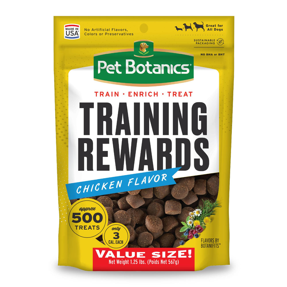 Pet Botanics bouchées d’entraînement au poulet, soutiennent la concentration lors des sessions.