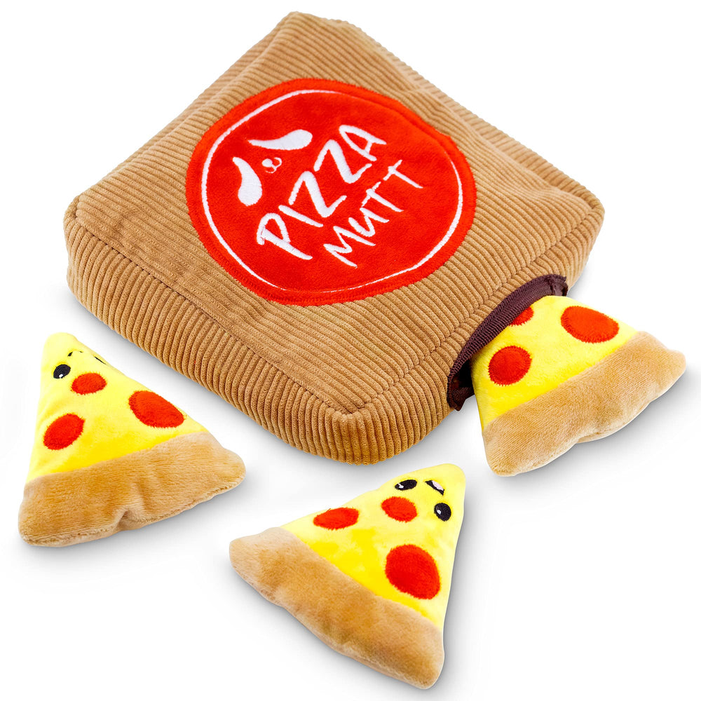 Jouet peluche cache-cache Pet Craft Supply avec boîte pizza pour stimulation ludique.