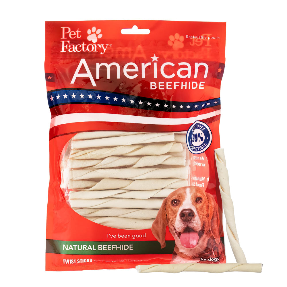 Bâton torsadé Pet Factory en boeuf américain prêt à mâcher pour chiens.