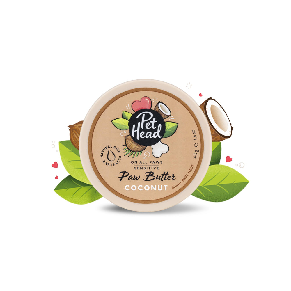 Beurre-pattes coco Pet Head dans son pot, pour pattes douces et hydratées.