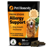 Pet Honesty Allergy Support Fresh Dental Sticks — emballage du produit et friandise naturelle