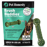 Brush Buddies Pet Honesty sur l'emballage frontal, pratique pour l'hygiène dentaire canine.