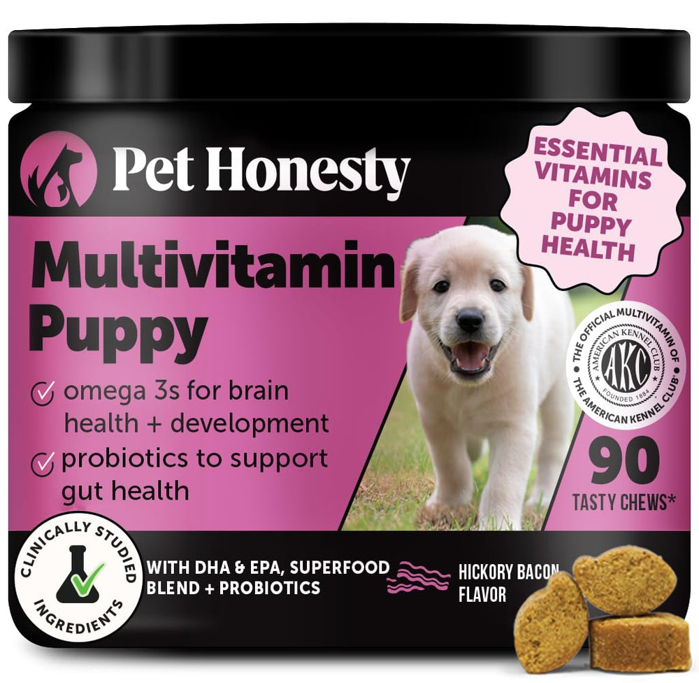 Friandises chiot Pet Honesty multivitamines; goût Hickory Bacon, soutien potentiel à la croissance et énergie quotidienne.