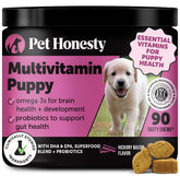 Friandises chiot Pet Honesty multivitamines; goût Hickory Bacon, soutien potentiel à la croissance et énergie quotidienne.