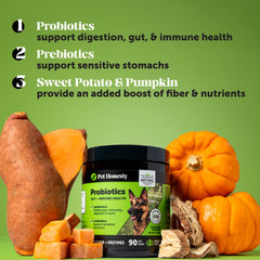 Probiotiques Pet Honesty avec citrouille et papaye pour soutien intestinal.