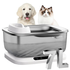PET MARVEL fontaine sans fil montrant l'appareil et le bol inox, usage polyvalent