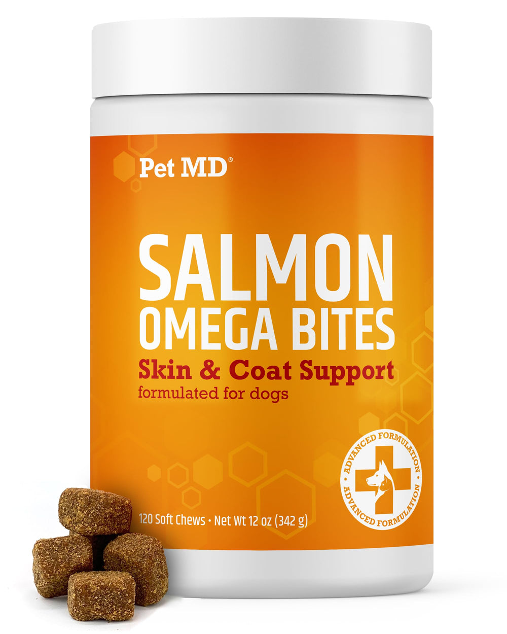 Pet MD Salmon Omega Bites emballage: source savoureuse d'oméga pour peau et pelage.