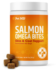 Pet MD Salmon Omega Bites emballage: source savoureuse d'oméga pour peau et pelage.
