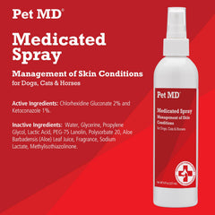 Pet MD spray topique – étiquette claire indiquant l’usage et les ingrédients.