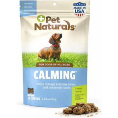 Friandises calmantes Pet Naturals: bouteille visible, favorisent détente rapide chez le chien.