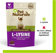 Emballage Pet Naturals Lysine pour chats, 60 bouchées pratiques pour routine quotidienne.