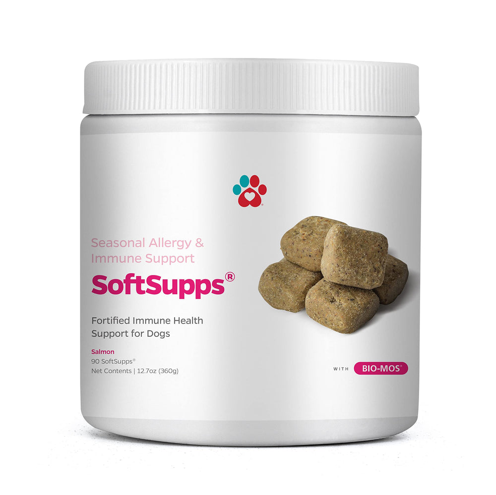 Pet Parents Allergy SoftSupps – bouteille affichée, soutien immunitaire pour chiens et peau saine.