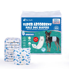 Pet Soft couches pour chien mâle dans un emballage pratique et clair.