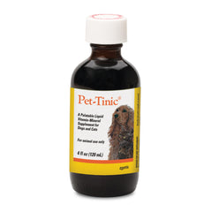 Pet-Tinic: bouteille liquide montrant les minéraux et vitamines essentiels pour chiens et chats.