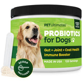 Pet Ultimates Probiotiques pour Chiens: flacon-poudre, dosage facile pour le confort digestif.