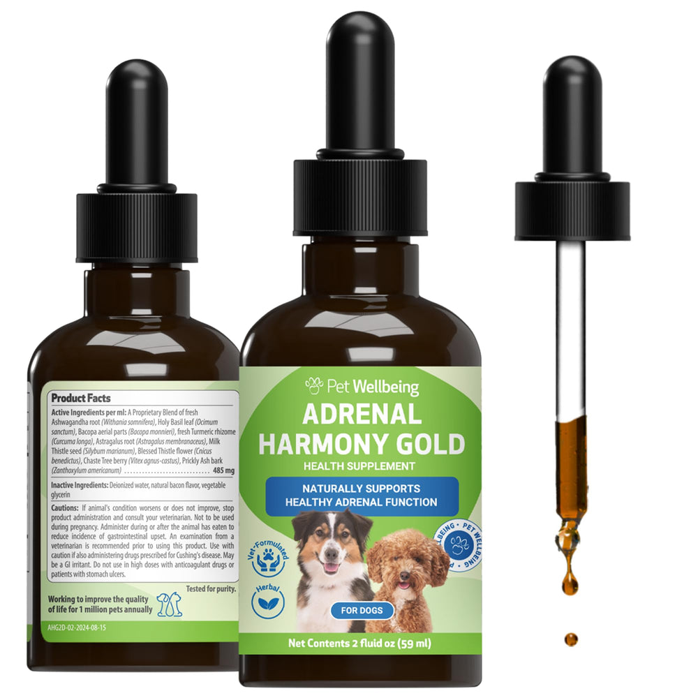 Pet Wellbeing Adrenal Harmony Gold — flacon soutenant les glandes surrénales du chien.